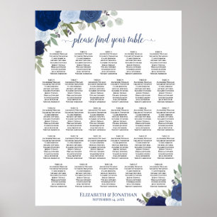 Affiche Plan de table de mariage bohème bleu 28 tables ave
