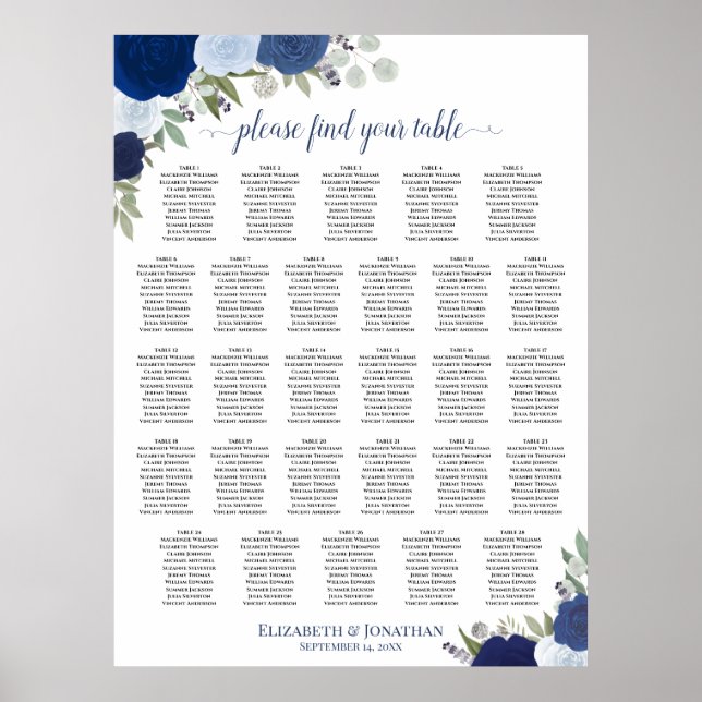Affiche Plan de table de mariage bohème bleu 28 tables ave (Devant)