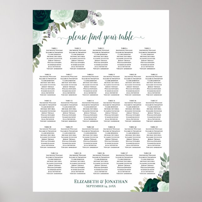 Affiche Plan de table de mariage bohème émeraude 28 tables (Devant)