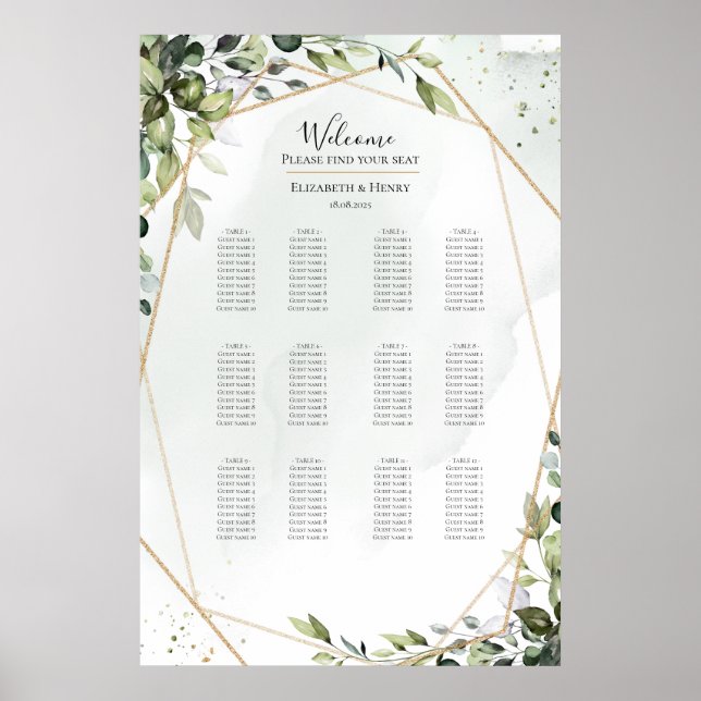 Affiche Plan de table de mariage bohème eucalyptus or sage (Devant)
