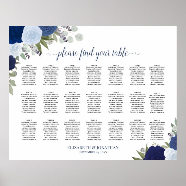 Affiche Plan de table de mariage bohème floral bleu 21 tab (Devant)
