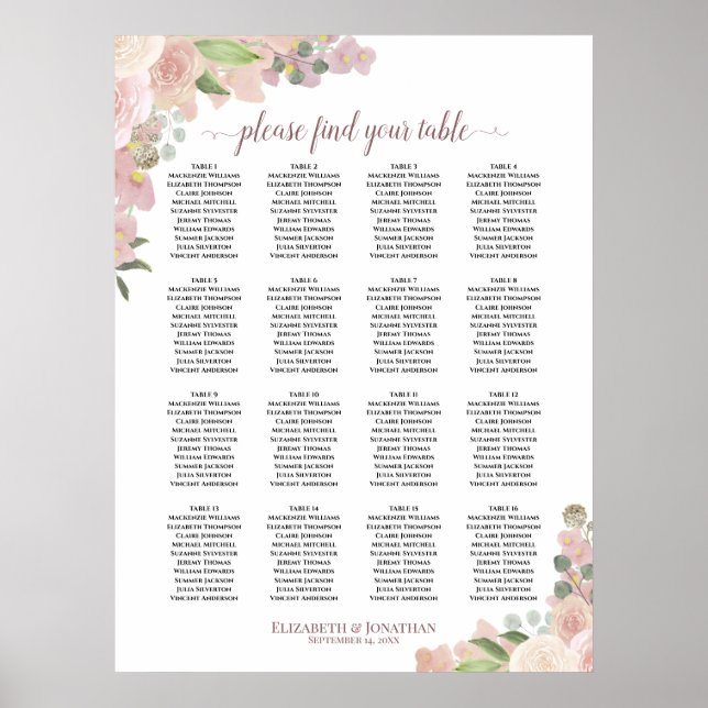 Affiche Plan de table de mariage bohème rose pour 16 table (Devant)