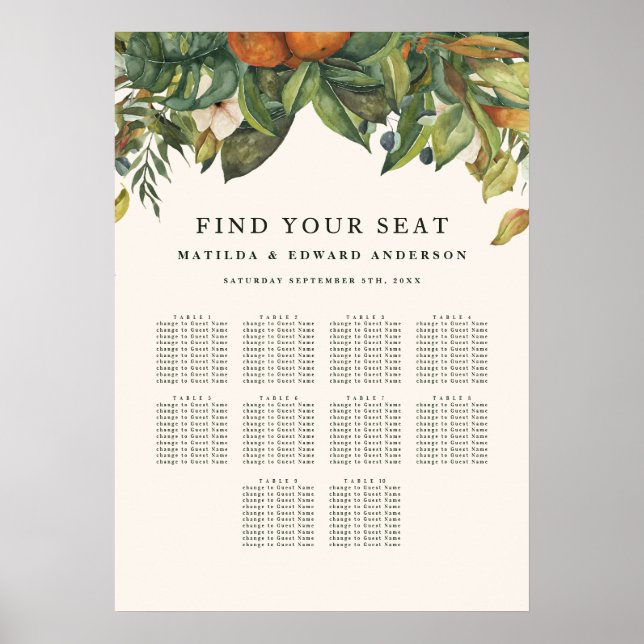 Affiche Plan de table de mariage botanique floral de citru (Devant)