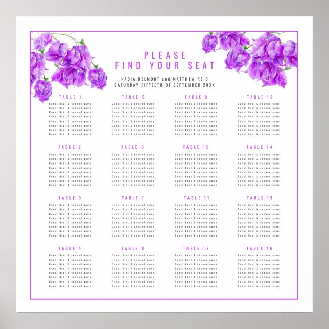 Affiche Plan de table de mariage Bougainvillea violet 16 p (Devant)