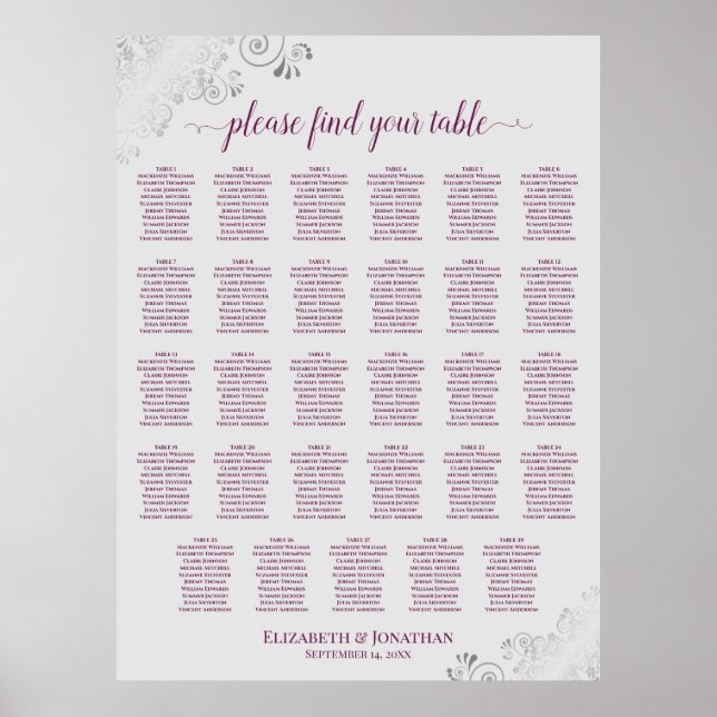 Affiche Plan de table de mariage Cassis sur Gris 29 tables (Devant)
