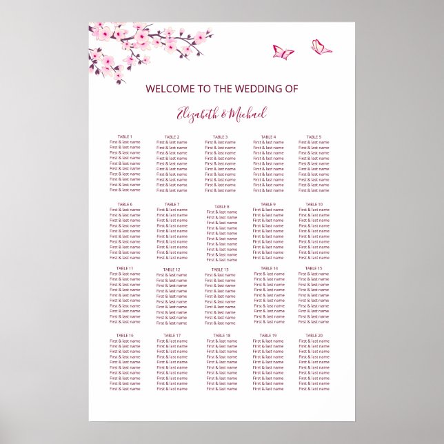 Affiche Plan de table de mariage Cerisier en fleurs (Devant)