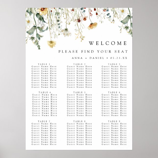 Affiche Plan de table de mariage champêtre d'été avec fleu (Devant)