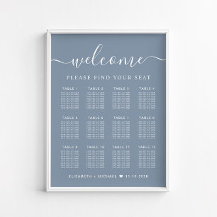 Affiche Plan de table de mariage chic 12 tables bleu pouss