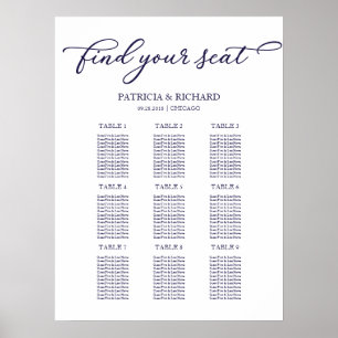Affiche Plan de table de mariage chic bleu marine 9 tables