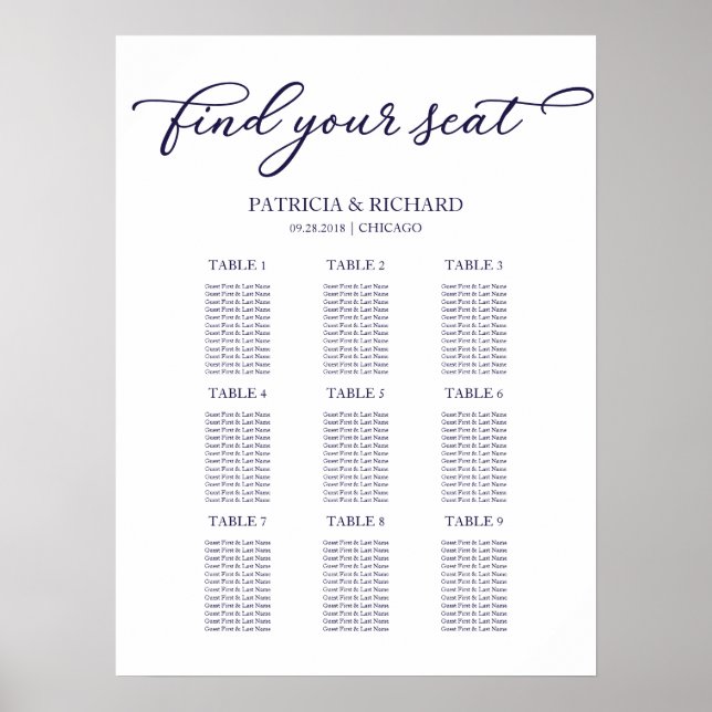 Affiche Plan de table de mariage chic bleu marine 9 tables (Devant)