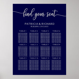 Affiche Plan de table de mariage chic bleu marine argenté