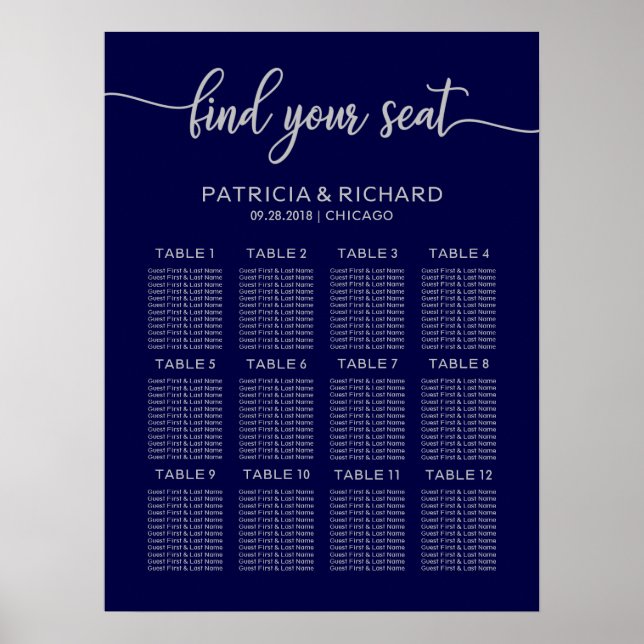 Affiche Plan de table de mariage chic bleu marine argenté (Devant)