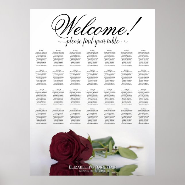 Affiche Plan de table de mariage chic bordeaux Rose 28 (Devant)