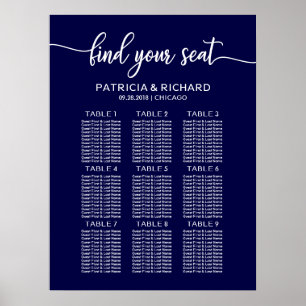 Affiche Plan de table de mariage chic calligraphie bleu ma