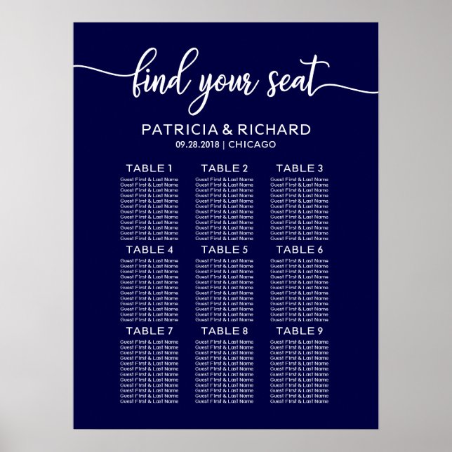 Affiche Plan de table de mariage chic calligraphie bleu ma (Devant)