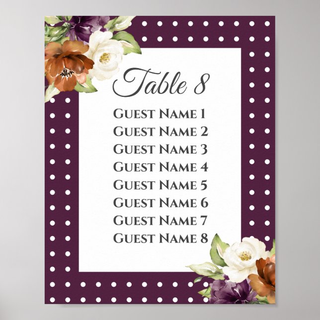 Affiche Plan de table de mariage chic floral pourpre autom (Devant)