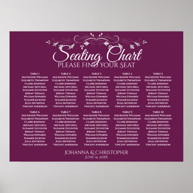 Affiche Plan de table de mariage chic magenta prune 10 (Devant)