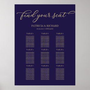 Affiche Plan de table de mariage chic or bleu marine 9 tab