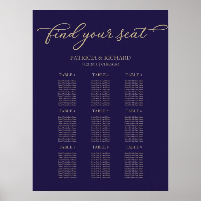 Affiche Plan de table de mariage chic or bleu marine 9 tab (Devant)