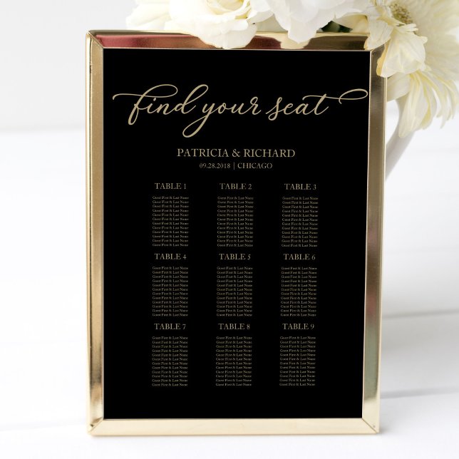 Affiche Plan de table de mariage chic or noir 9 tables (Créateur téléchargé)