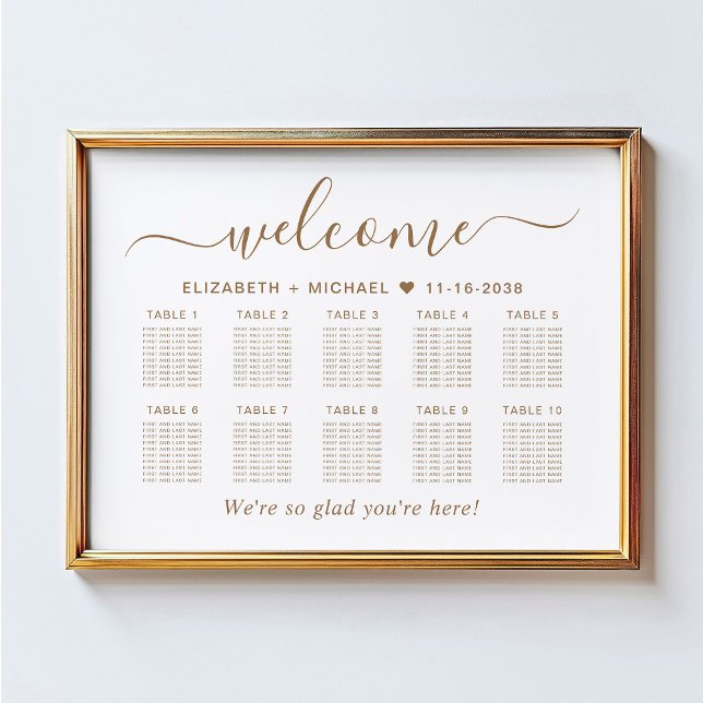 Affiche Plan de table de mariage chic or script 10 tables (Créateur téléchargé)