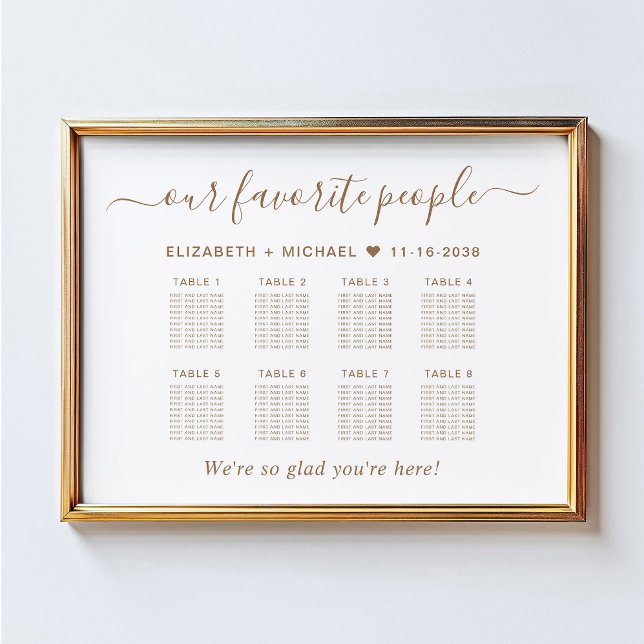 Affiche Plan de table de mariage chic or script 8 tables (Créateur téléchargé)