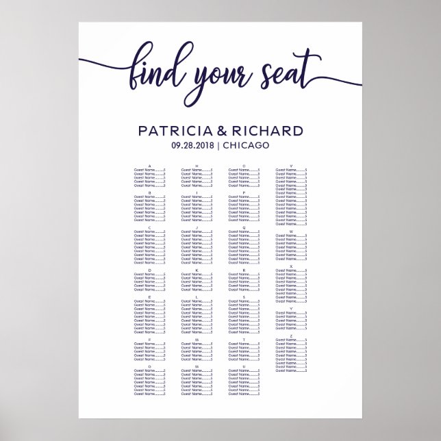 Affiche Plan de table de mariage chic par ordre alphabétiq (Devant)