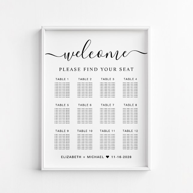 Affiche Plan de table de mariage chic pour 12 tables (Créateur téléchargé)