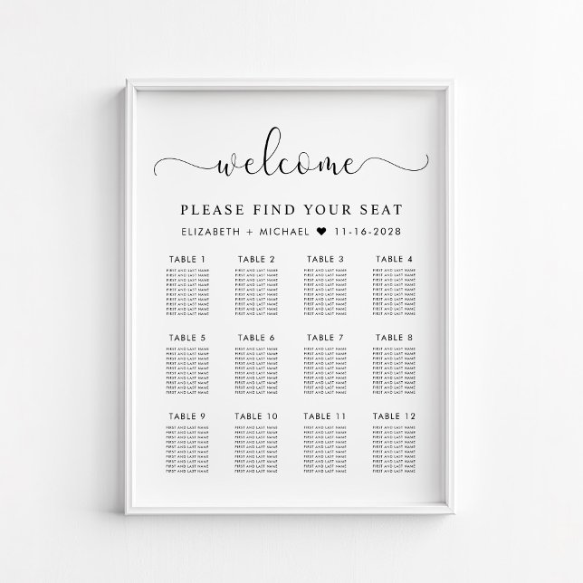 Affiche Plan de table de mariage chic pour 12 tables (Créateur téléchargé)