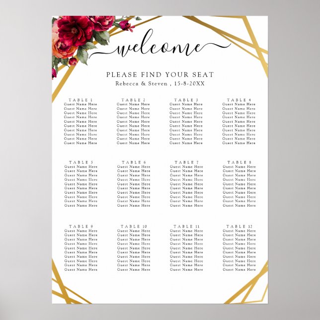 Affiche Plan de table de mariage chic rouge floral faux or (Devant)