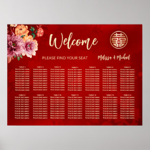 Affiche Plan de table de mariage chinois rouge paeonia