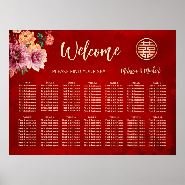 Affiche Plan de table de mariage chinois rouge paeonia (Devant)