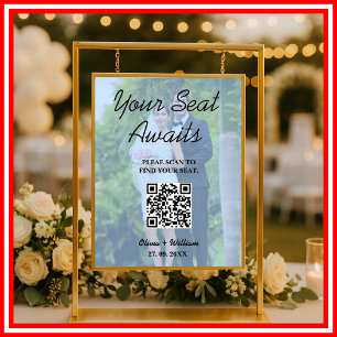 Affiche Plan de table de mariage code QR photo bleu poussi