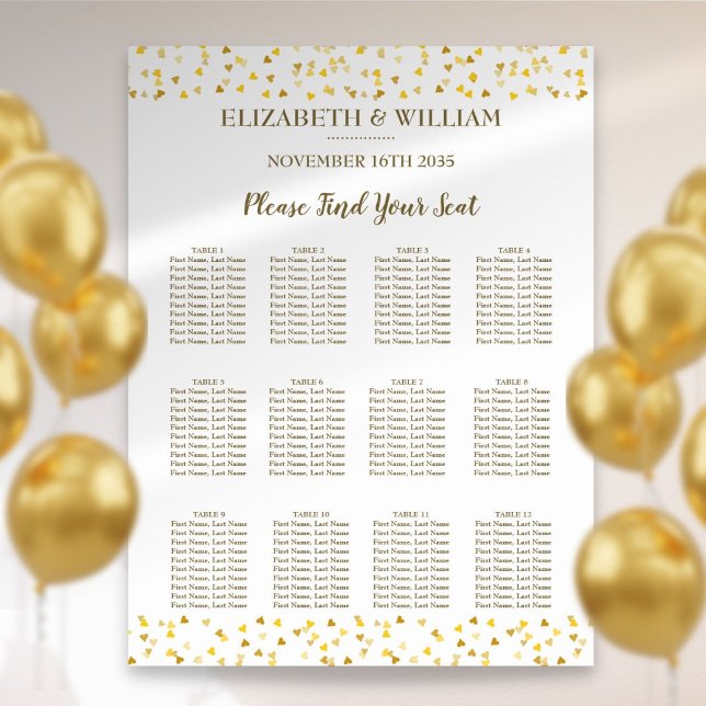 Affiche Plan de table de mariage Cœurs dorés (Golden Hearts Wedding Seating Chart)