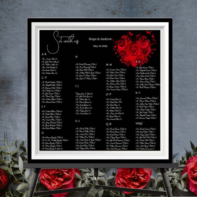 Affiche Plan de table de mariage Cœurs rouges et roses (Créateur téléchargé)