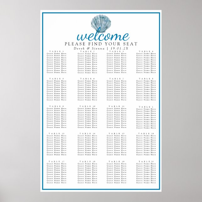 Affiche Plan de table de mariage coquillage unique bleu sa (Devant)