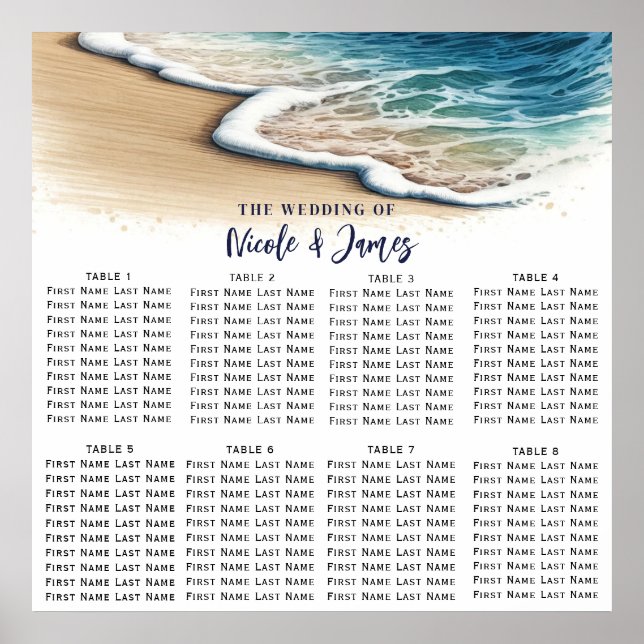Affiche Plan de table de mariage côtier avec vagues océani (Devant)
