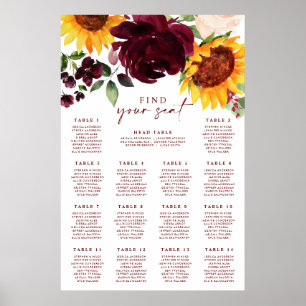 Affiche Plan de table de mariage d'automne Tournesols Rose