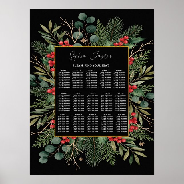 Affiche Plan de table de mariage de Noël noir à feuillage  (Devant)