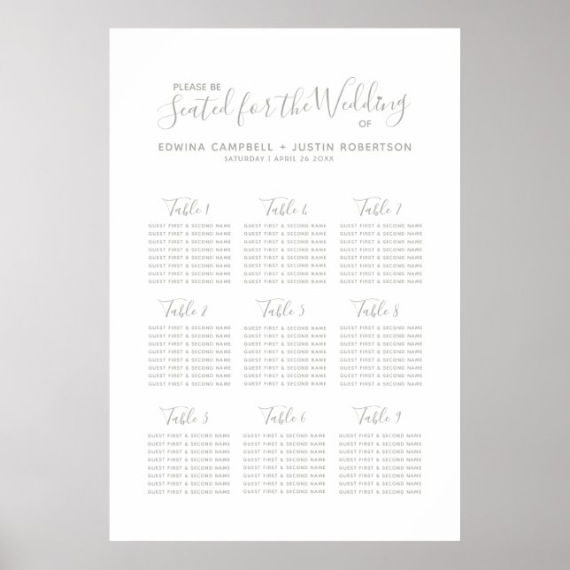Affiche Plan de table de mariage de script gris (Devant)