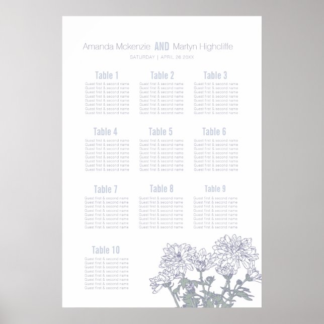 Affiche Plan de table de mariage dessiné avec des chrysant (Devant)