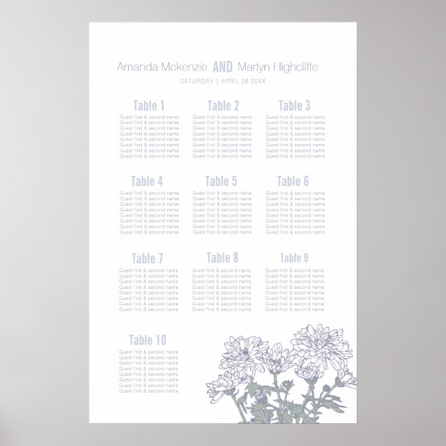 Affiche Plan de table de mariage dessiné avec des chrysant (Devant)