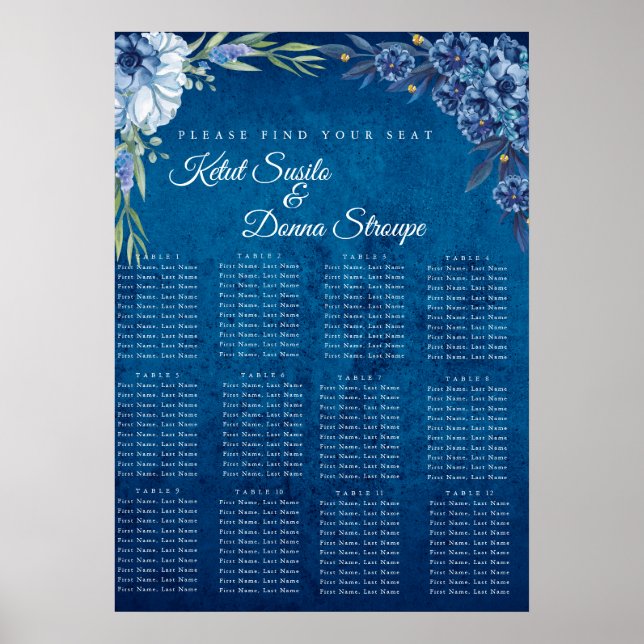 Affiche Plan de table de mariage d'été floral élégant bleu (Devant)