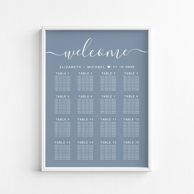 Affiche Plan de table de mariage Dusty Blue 16 tables Bien (Créateur téléchargé)
