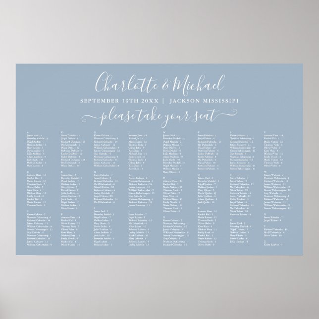 Affiche Plan de table de mariage Dusty Blue 300 noms (Devant)