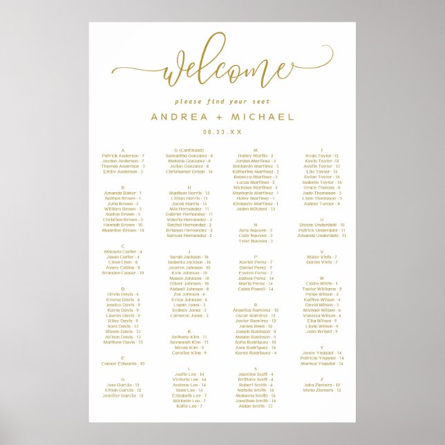 Affiche Plan de table de mariage écriture dorée sautillant (Devant)