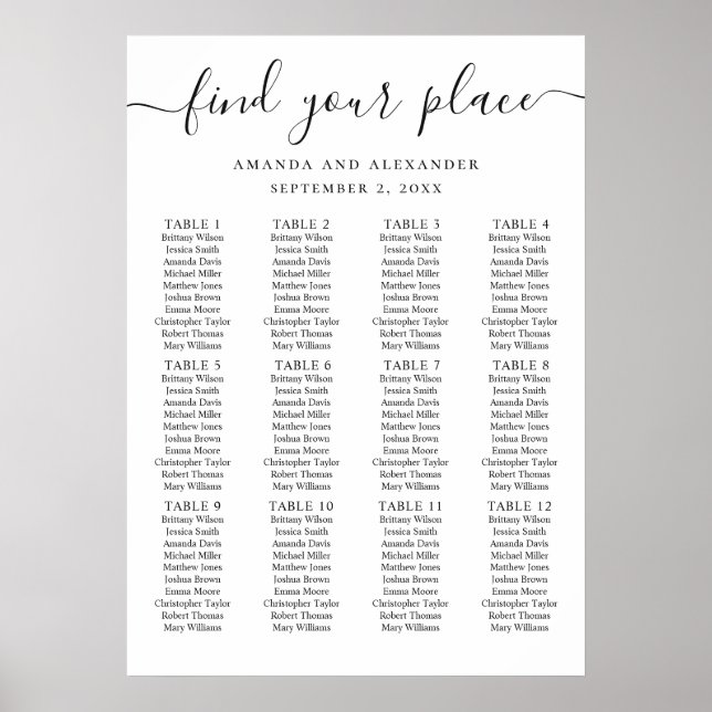 Affiche Plan de table de mariage écriture noir et blanc (Devant)