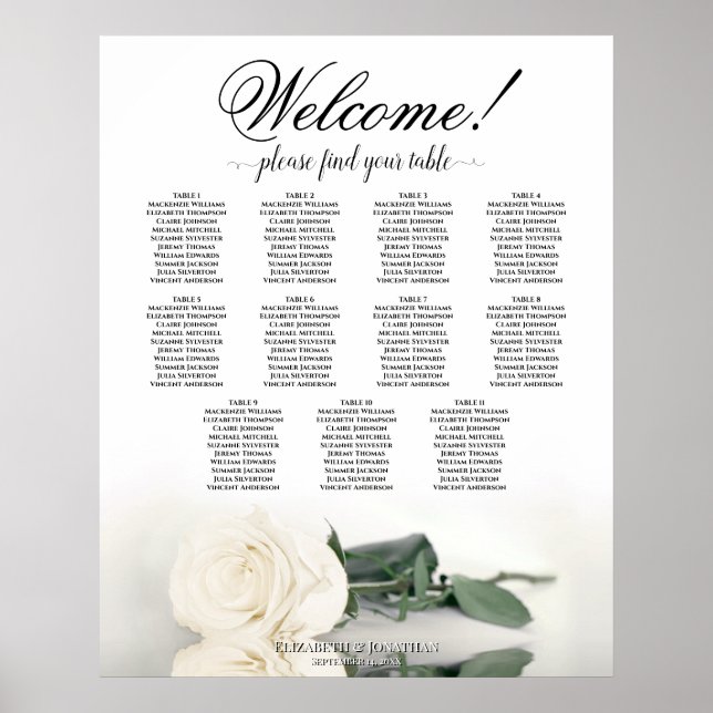 Affiche Plan de table de mariage élégant 11 tables Rose bl (Devant)