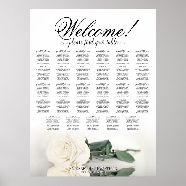 Affiche Plan de table de mariage élégant 29 tables Rose bl (Devant)