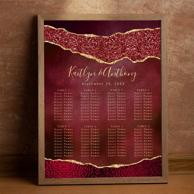 Affiche Plan de table de mariage élégant agate bordeaux et (Créateur téléchargé)